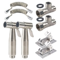 不鏽鋼馬桶沖洗器噴槍 + 伸縮軟管 + T型閥 + 支架, 2套