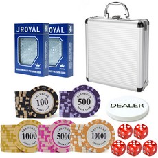 Hooni Gamble 拉斯維加斯籌碼100片+鋁製手提箱+皇家卡牌2副+莊家籌碼+骰子5個+鑰匙2把 套組, 1套, 銀色 + 透明色 + 混和顏色