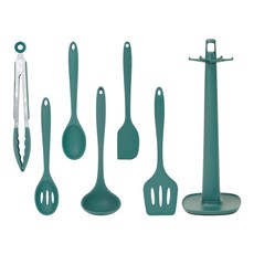 inbloom 矽膠烹飪用具 廚房工具 湯勺 + 濾勺 + 夾子 + 料理匙 + 刮刀 + 鍋鏟 + 支架 套組, 1套, 7種, 午夜綠