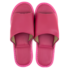 防滑軟底縫線裝飾室內拖鞋 頭層牛皮鞋面 PVC鞋底, 玫紅色, 1雙