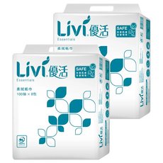 LIVI 優活 抽取式柔拭紙 100抽 x 8包 紙張細膩柔滑 高效吸水性, 2袋