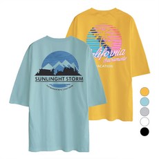 엠씨티 문컬렉션 통기성 5부 오버핏 반팔 티셔츠 야자수 캘리포니아 + 선라이트 세트