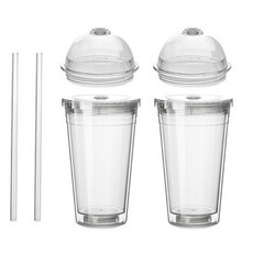 TEASCAFE DIY 雙層冷水瓶+2種瓶蓋 平底和圓頂+2隻吸管組合, 透明+隨機出貨, 530ml, 1組