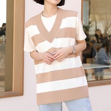 BBAEBBAE 女款條紋拼色V領寬鬆版針織背心