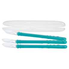 Nuby 矽膠長柄副食品湯匙組 湯匙*3支+收納盒*1個, 藍綠色, 1組