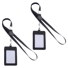 伸縮掛繩證件套 Set 2 PU材質, 證件套(10.8 x 7.2cm) + 掛繩42cm, 黑色