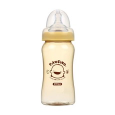 PiYOPiYO 黃色小鴨 寬口PPSU防脹奶瓶, 模彷乳房自然曲線, 防脹透氣閥, 耐熱高達180°C, 無雙酚A, 無塑化劑, 棕色, 240ml, 1個