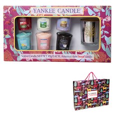 YANKEE CANDLE 祈禱蠟燭禮盒7件組 附購物袋, Black Cherry+Clean Cotton+Lemon Lavender+Mid Summer's Night+Pink Sands+Bahama Breeze, 金色(燭台)