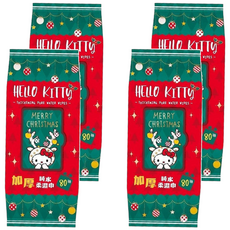 Hello Kitty 凱蒂貓 加厚純水柔濕巾 3D 壓花聖誕特別款 加蓋 4包, 80抽, 1組