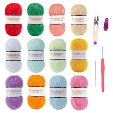 misoknit 珠光菜瓜布線 80g x 12種 + 鉤針 + 紗線剪 + 縫合針 套組, 混合色, 1個