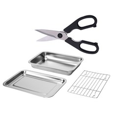 4BNK 廚房用方形全不鏽鋼料理盤 + 可分離式剪刀組合, 1套, 大料理盤 + 可分離式剪刀組合, 料理盤 + 瀝水架 + 托盤