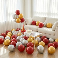 뷰라뷰 파티풍선 50p + 공기펌프 + 10m 리본 1롤, 19루비레드 + 골드 + 실버, 1세트