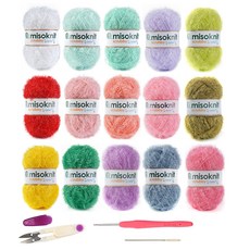 misoknit 菜瓜布編織線 15種 + 鉤針 + 紗剪 隨機出貨, 混合色, 1套