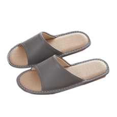 真皮頭層牛皮配亞麻防滑室內拖鞋, 耐髒易清潔, 27, 灰色, 1雙