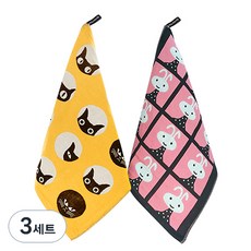 斯堪的納維亞風格純棉插畫純棉抹布2件套, 3組, 007快樂貓，隨機發貨