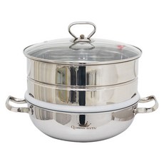 QUEEN SENSE 雙耳不鏽鋼3層蒸籠湯鍋+玻璃鍋蓋組, 1個, 28厘米