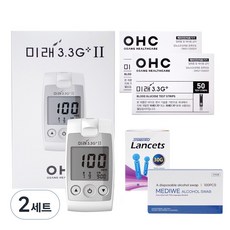 오상헬스케어 미래 3.3G 플러스 혈당측정기 + 시험지100매 + 침 110 + 솜 100매 세트, 2세트