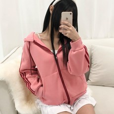PEONIST 女款休閒厚磅斜紋線條連帽拉鍊外套