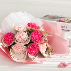 BeautifulDecoSense 香皂花康乃馨鈔票花束10朵 + 提袋, 粉色混色, 1個