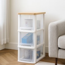 보노하우스 국내 제조 어반 우드상판 슬림 서랍장, 투명, 3단