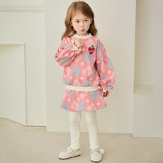 hejmini 女童款花朵菱格紋刷毛長袖上衣+內搭褲裙套裝