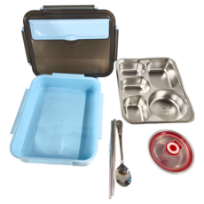 304不鏽鋼五格密封餐盤便當盒 加固卡扣設計 防漏側邊 精緻工藝, 藍色, 1組