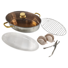 PUSH! 廚房用品 不銹鋼隔水蒸魚鍋 橢圓長形 金色鍋耳, 38cm, 1個