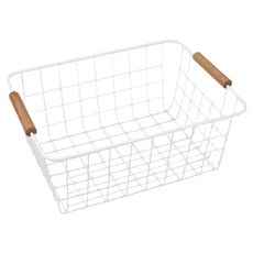 P&K 多用途收納籃 木質手把 鐵製方形籃, 白色, 1個