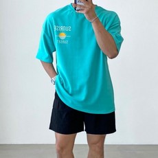 男士透氣板式網球日落印花寬鬆版型短袖T恤