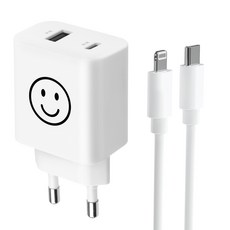 모잇 PD25W 2포트 PPS 초고속충전기 + 8핀 라이트닝 아이폰 케이블 1.3m, 화이트 스마일, 1세트