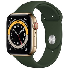 Apple 애플워치 6, 44mm, GPS+Cellular, 스테인리스 스틸, 골드 / 사이프러스 그린 스포츠 밴드, 골드 스테인리스 스틸 케이스, 사이프러스 그린 스포츠 밴드