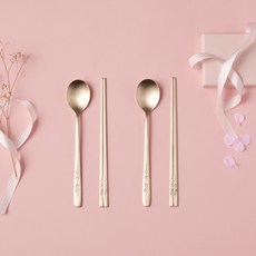 Obooja Yugi 韓國產手工黃銅特殊梅花2人餐具組, 1套, 湯匙 2p + 筷子 2p, 單一顏色