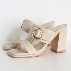 dangolunni 女款赫希牛皮金扣環高跟拖鞋 9公分, 230, 米色