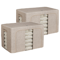 Meo 附支架加厚亞麻衣物棉被收納箱, 米色, 100L, 2個