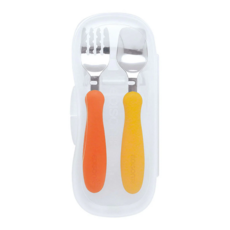 EDISON mama 嬰幼兒學習餐具組, 叉子 + 湯匙 + 收納盒, 紅色+橘色, 1.5歲以上, 1組