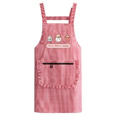 Leovince 簡約基本款拉鍊口袋棉質吊帶圍裙 草莓兔子, 酒紅色