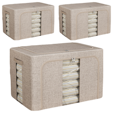 MEO 附支架加厚亞麻衣物棉被收納箱, 米色, 3個
