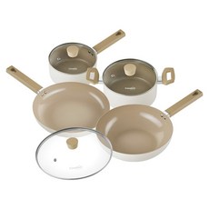 Casabeni 電磁爐適用陶瓷鍋具5件組, 1組, 白色 + 咖色, 單柄鍋 18cm + 雙耳鍋 20cm + 平底鍋 28cm + 深炒鍋 28cm + 玻璃鍋蓋 28cm