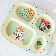 rice 孩童方形分隔餐盤組, Farm Animal Green款, 單品, 1入