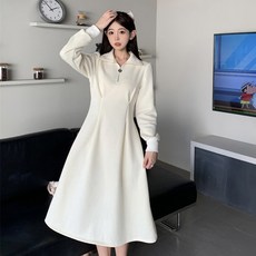 PEONIST 女款半拉鍊細褶線條長版連身裙, 象牙白