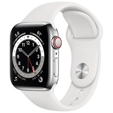 Apple 애플워치 6, 40mm, GPS+Cellular, 스테인리스 스틸, 실버 / 화이트 스포츠 밴드, 실버 스테인리스 스틸 케이스, 화이트 스포츠 밴드