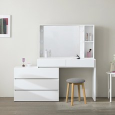 파로마 헤브 LED 조명 확장형 콘솔 서랍장 화장대 + 원목 쿠션 의자 방문설치, 화장대(화이트), 의자(트위드 블랙)