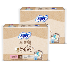 쏘피 내몸에 순한면 무표백 내추럴컬러 에이 생리대 날개형, 중형, 18개입, 2개