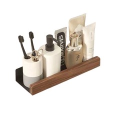 實木免打孔浴室置物架, 胡桃木深色 黑架, 1個