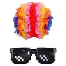 Party Show 小丑假髮(小) + 馬賽克像素眼鏡組合, 1套, 彩虹色