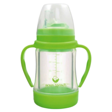 green sprouts 小綠芽 外層防護無毒塑膠 內層玻璃之多用途雙層安全防護奶瓶 118ML 不含BPA、PVC聚氯乙烯、無亞硝酸, 草綠色, 1個