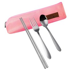PLUS PERFECT 理想 晶鑽316餐具4件組 IKH-86304-5, 筷子 + 湯匙 + 叉子 + 收納袋, 粉紅色, 1組