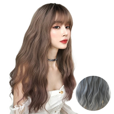 Hi Uni Natural Wave Perm長髮長假髮58cm+假髮網+假髮架套組, 霧藍色, 1組