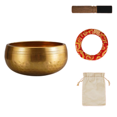 Dimis 西藏冥想頌缽碗 + 皮棒 + 墊圈 + 布袋 碗口直徑 15.5公分 套組, 1套, 混合色