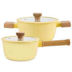 Sisem IH爐適用陶瓷不沾鍋具組, 奶油黃, 單柄鍋 18cm+雙耳鍋 20cm, 1組